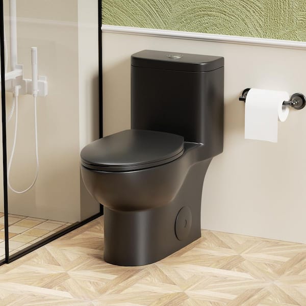 Dobromir 12 in. Rough One-Piece 1.1/1.6 GPF Dual Flush Rimless Bowl Toilet in Matt Black Seat Included