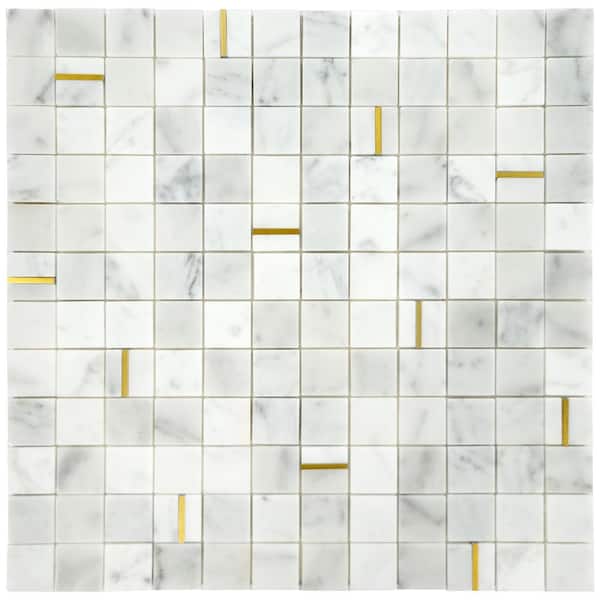 sunwings Carrara White with Gold Metal 12 in. x 12 in. Natural Marble Peel and Stick Tile (5 sq. ft/Box)