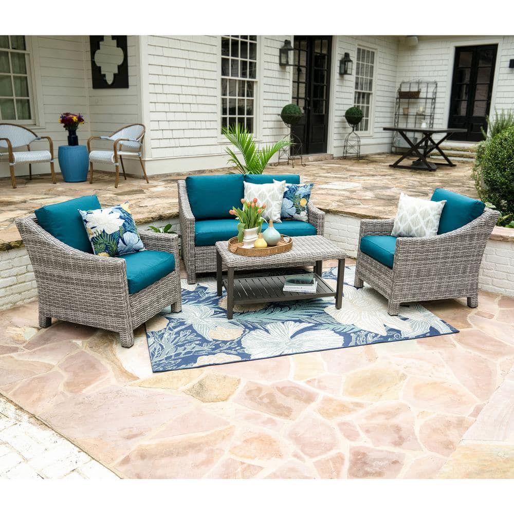 Leisure Made Marietta 4Piece Wicker Patio Conversation Set with Peacock Cushions 906420PEA