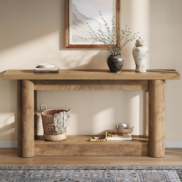 Benjamin 63-Inch Brown Rectangle Wood Behind Sofa Entryway Couch Wall Accent Console Table Home 2-Tier Shelves Modern