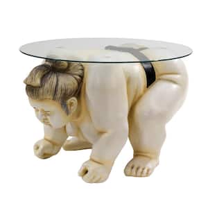 Basho The Sumo Wrestler Full Color 18 in. H x 27 in. W Multi-Colored Round Glass Topped Sculptural End Side Table