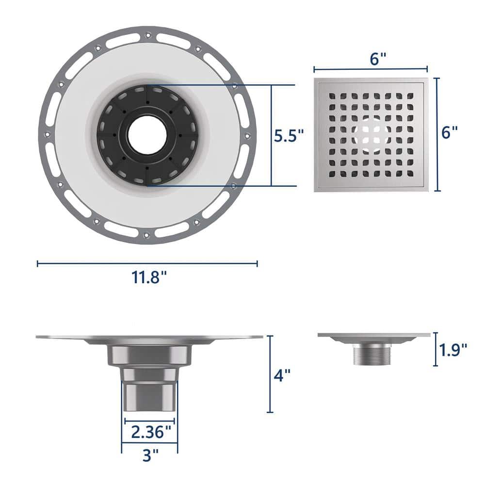 6" Square Brushed Stainless Steel Shower Drain with PVC Flange