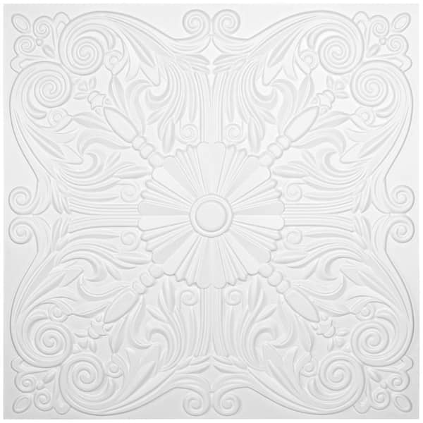 Art3dwallpanels Matt White 2 ft. x 2 ft. Decorative Spanish Floral Lay In/Glue Up Ceiling Tile (48 sq. ft./box)