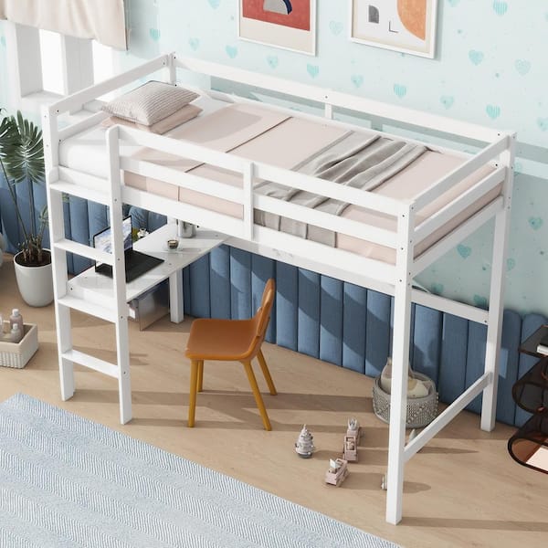 Harper & Bright Designs White Twin Size Wooden Loft Bed with Built-in Desk