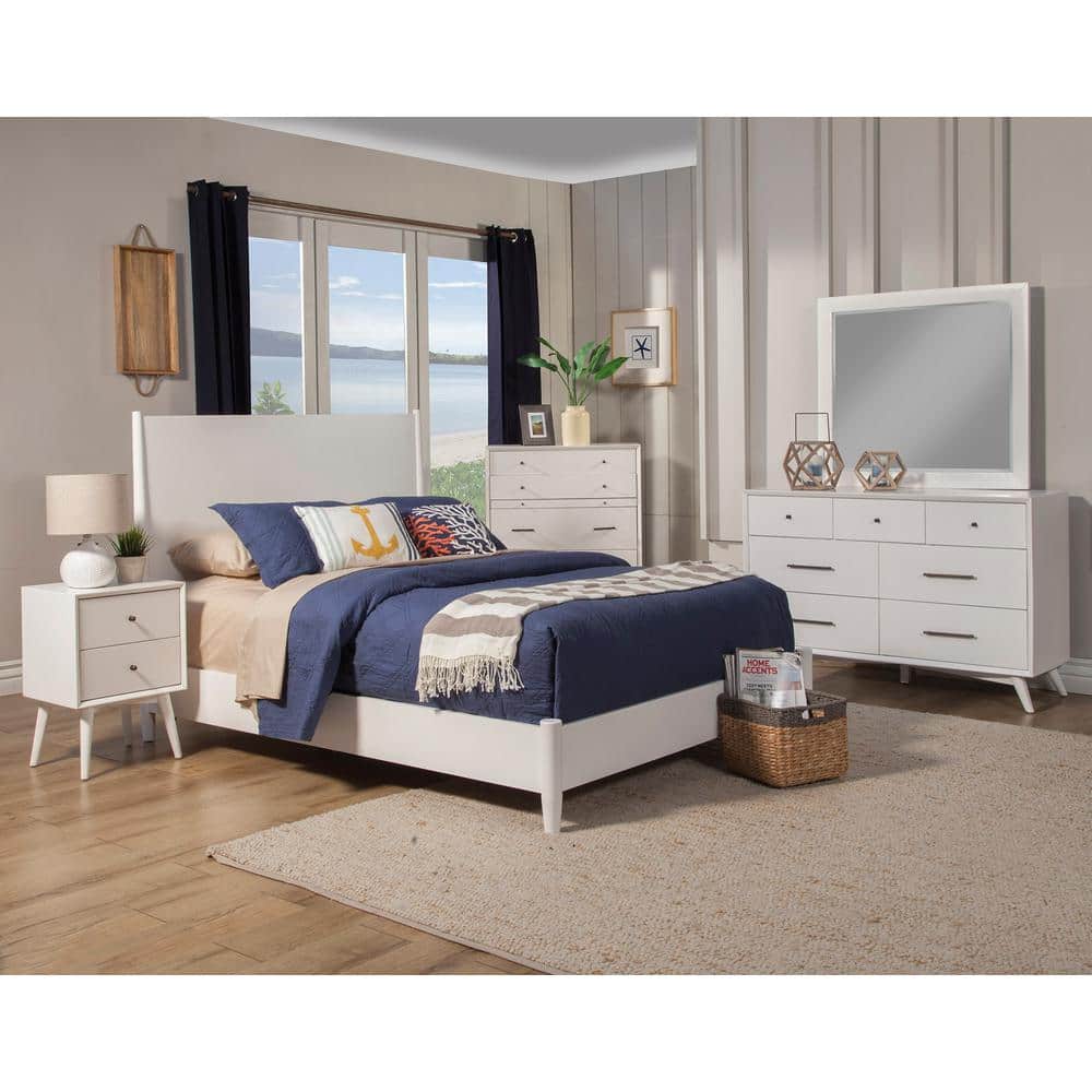 Flynn Mid-Century Modern White California King Panel Bed with Mahogany Frame