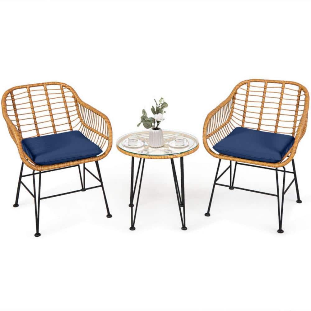 3-Piece Wicker Outdoor Patio Conversation Set Rattan Bistro Set with Navy Cushions and Table price history on PriceWatchPro
