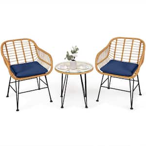 3-Piece Wicker Outdoor Patio Conversation Set Rattan Bistro Set with Navy Cushions and Table