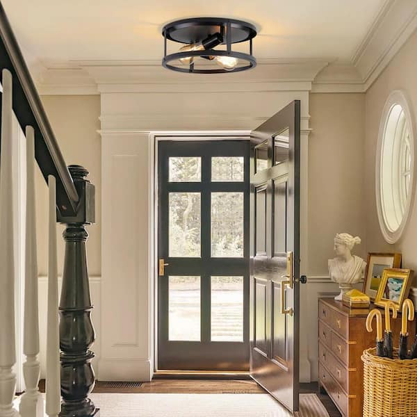 HKMGT 12.7 in. 2-Light Farmhouse Black Flush Mount Ceiling Light