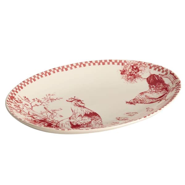 BonJour Dinnerware Chanticleer Country 9 in. x 13 in. Stoneware Oval Platter in Burgundy Red