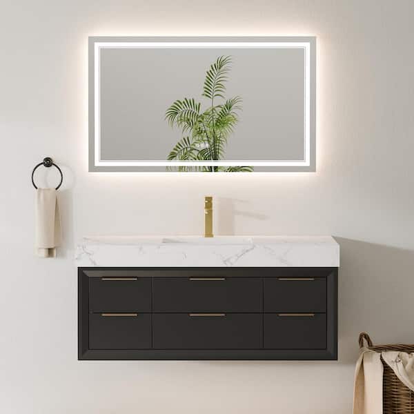 Wenlorin 48 in. Single Sink Floating Black Bath Vanity with White Engineered Marble Top Pre-assembled