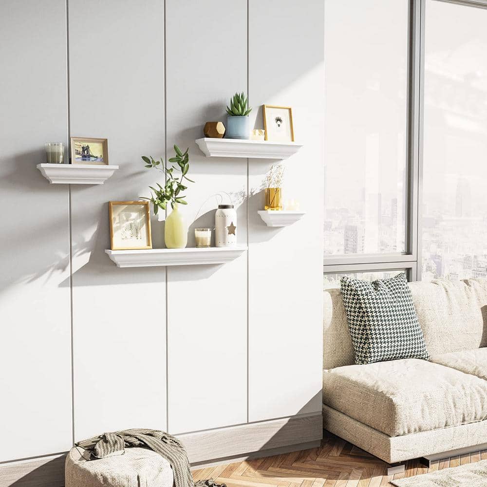 White Solid Wood Floating Wall Shelves Set of 4