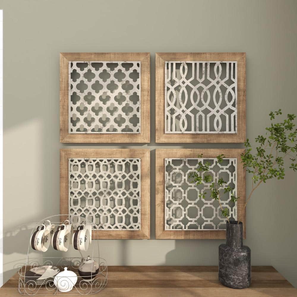Rustic Farmhouse Iron & Wood Geometric Wall Decor Set, 19" Square