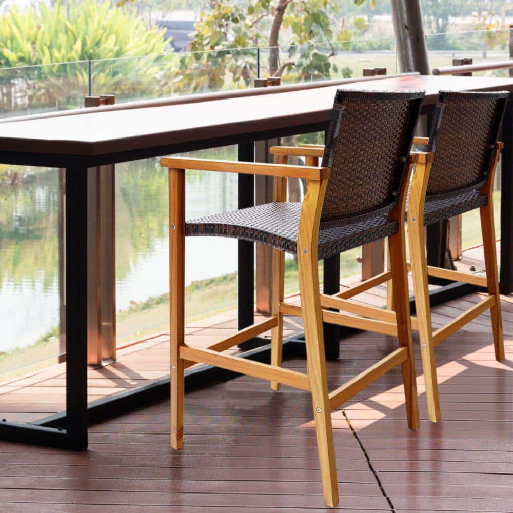 PE Wicker Outdoor Bar Stool Patio Bar Chairs with Acacia Wood Armrests (2-Pack) price history on PriceWatchPro