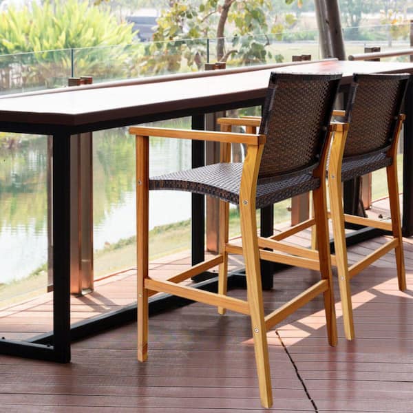 FORCLOVER PE Wicker Outdoor Bar Stool Patio Bar Chairs with Acacia Wood Armrests (2-Pack)