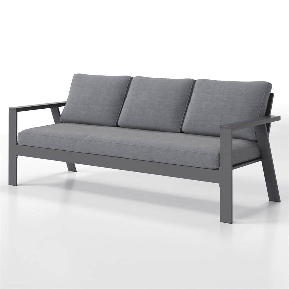 3-Seater Wood Grain Outdoor Armrest Sofa Aluminum Patio Sofa Dark Gray