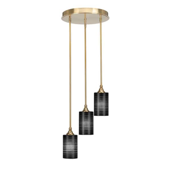 Unbranded Villa 60-Watt in. 3 Light New Age Brass Stem Pendant Light with 4 in. Black Matrix Glass Shade, No bulbs included
