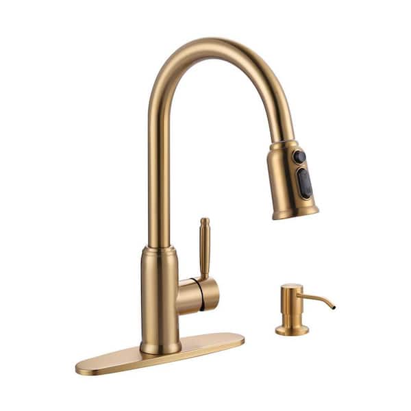 15 in. Stainless Steel Single Handle 360° Pull Down Sprayer Kitchen Faucet with Soap Dispenser in Brushed Gold