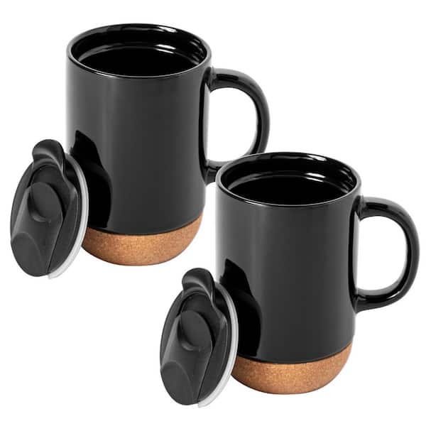 Modani 2 Piece 16.5 Ounce Stoneware Mug Set in Black with Lid and Cork Base