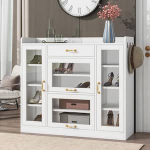 Modern White Shoe Storage Cabinet with Glass Doors, Hooks, Adjustable Shelves, Versatile Side Cabinet with Gold Handles