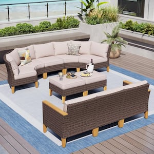 Brown Rattan Wicker 10 Seat 10-Piece Steel Outdoor Patio Conversation Set with Beige Cushions