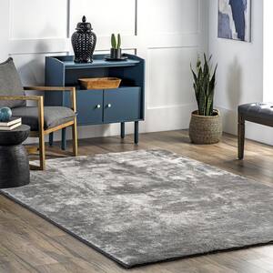 Loni Solid Machine Washable Shag Gray Doormat 4 ft. x 4 ft. Area Rug