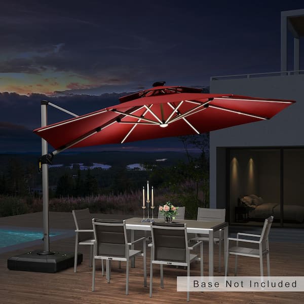 PURPLE LEAF 12 ft. Octagon Solar powered LED Patio Umbrella Outdoor Round Large Cantilever Umbrella Heavy Duty Sun Umbrella in Terra