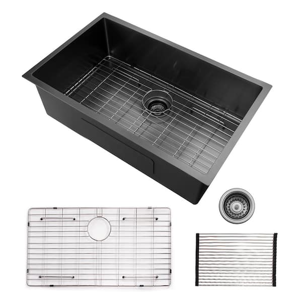 32 in. Undermount Single Bowl 16-Gauge Stainless Steel Kitchen in Black Sink