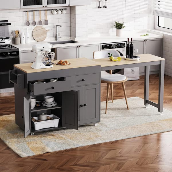 YANTENG LLC 74.5 in. Gray Kitchen Cart Island with Extendable Table, Spice Rack, Drawers, Cabinet, and Rolling Wheels