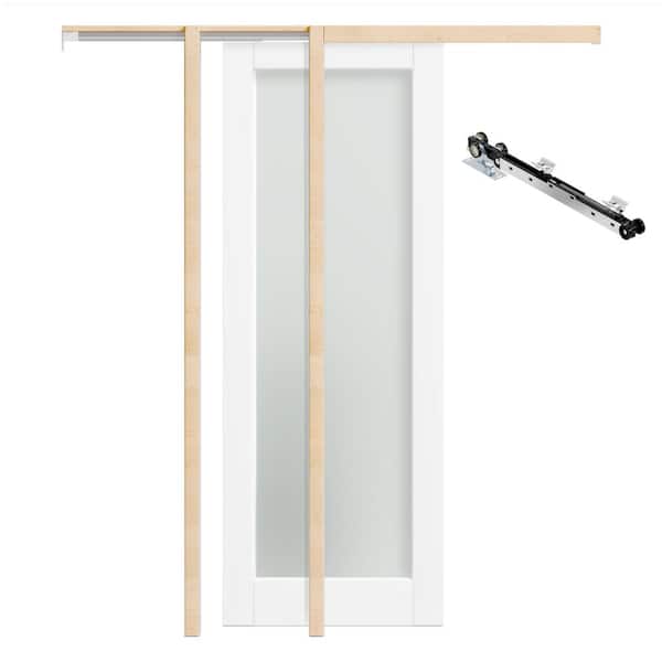 28 in. x 80 in. White Primed Solid Wood 1-Lite Forested Glass Pocket Door with Hardware Kit (Soft Close Included)
