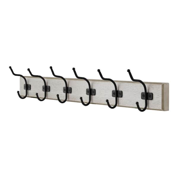 Snap Install 27 in. Farmhouse White Hook Rack with 6 Matte Black Hooks