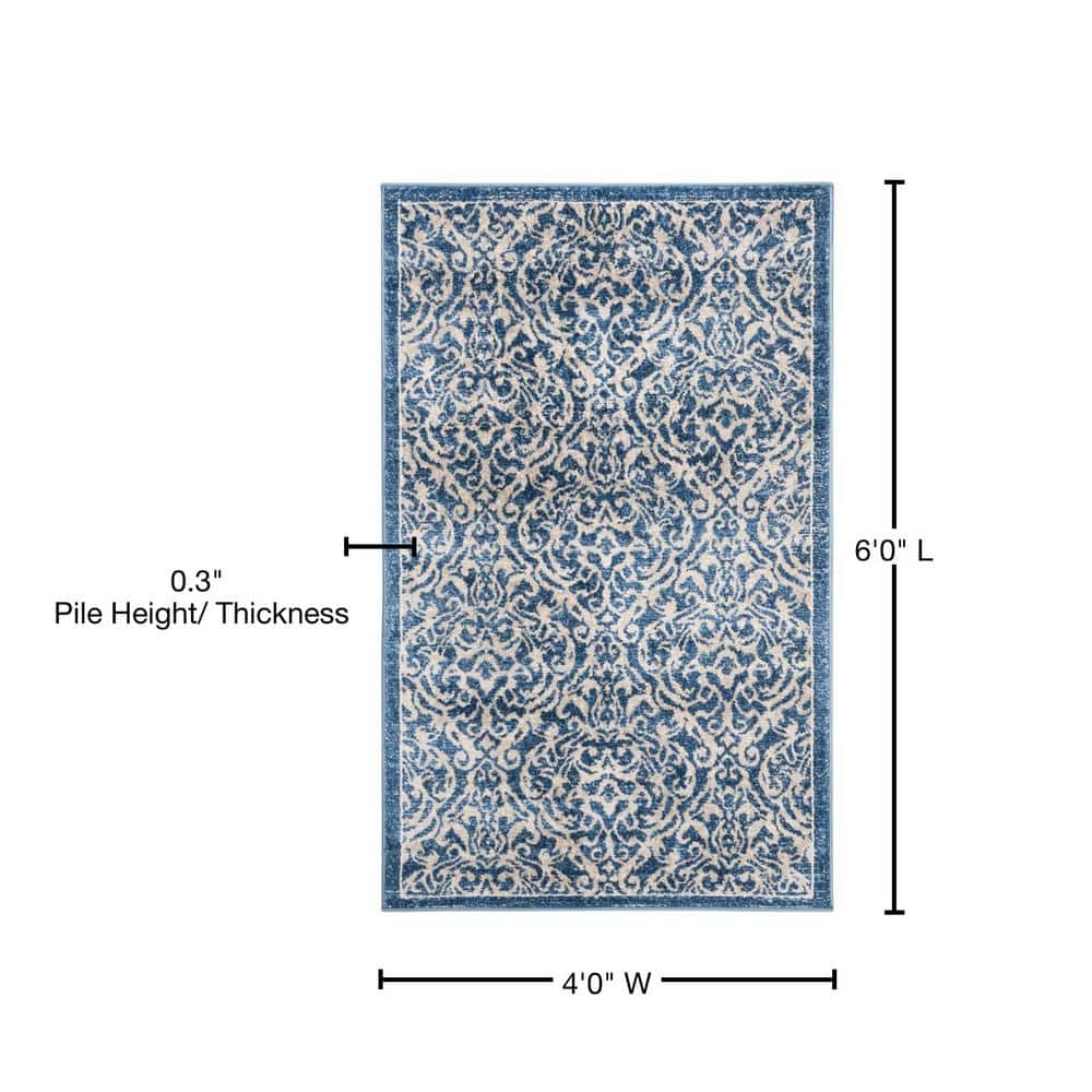 Navy and Cream Damask 4' x 6' Synthetic Area Rug