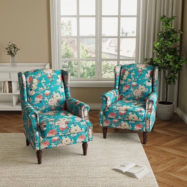Uixe Peacock Blue Linen Upholstered High Back Accent Arm Chair with Nailhead Trim(Set of 2)