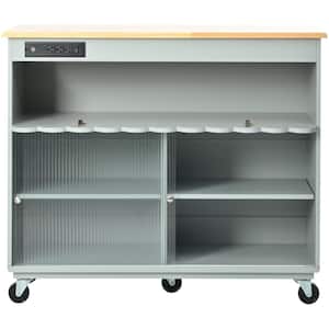 Gray Blue Rubber Wood Kitchen Cart with 2 Cabinet and 1 Open Shelf