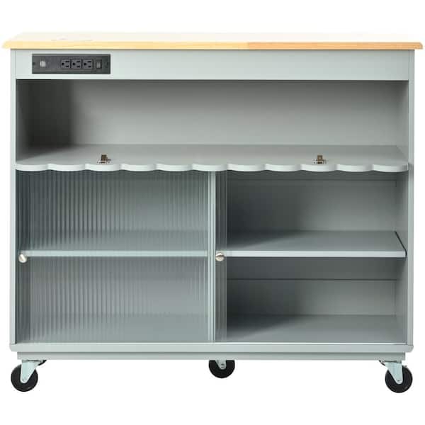 Unbranded Gray Blue Rubber Wood Kitchen Cart with 2 Cabinet and 1 Open Shelf