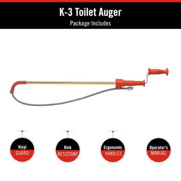 RIDGID RIDGID 59787 Model K-3 Toilet Auger with Unclogging 3-Foot Snake and Bulb Head 