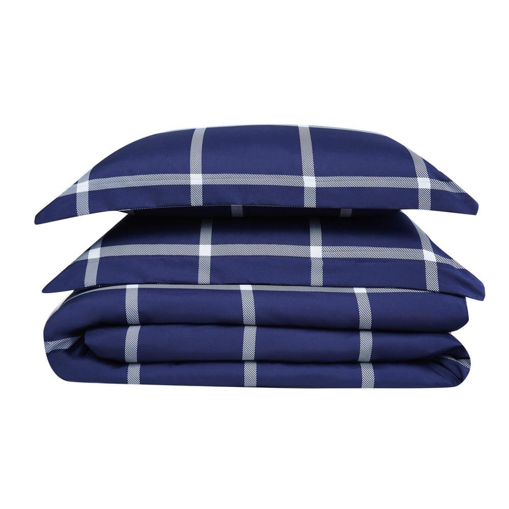 Navy and White Windowpane Microfiber Duvet Cover Set