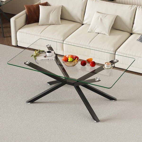Modern Living Room Center 39 in. Black /Clear Rectangle Tempered Glass Coffee Table with Black Metal Legs