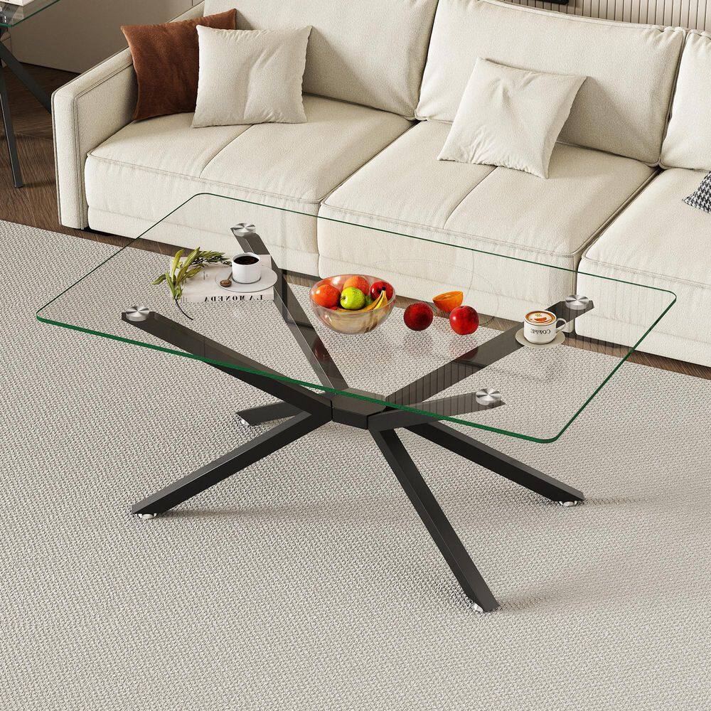 Modern Living Room Center 39 in. Black /Clear Rectangle Tempered Glass Coffee Table with Black Metal Legs