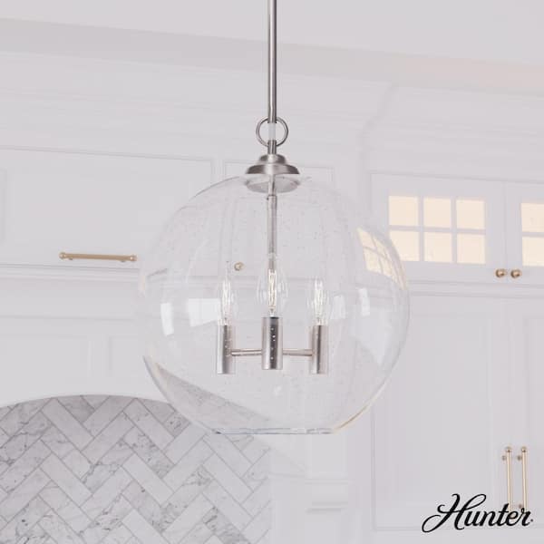 Hunter High Oaks 60-Watt 3 Light Brushed Nickel Island Pendant Light with Clear Seeded Glass Shade, Bulbs Not Included