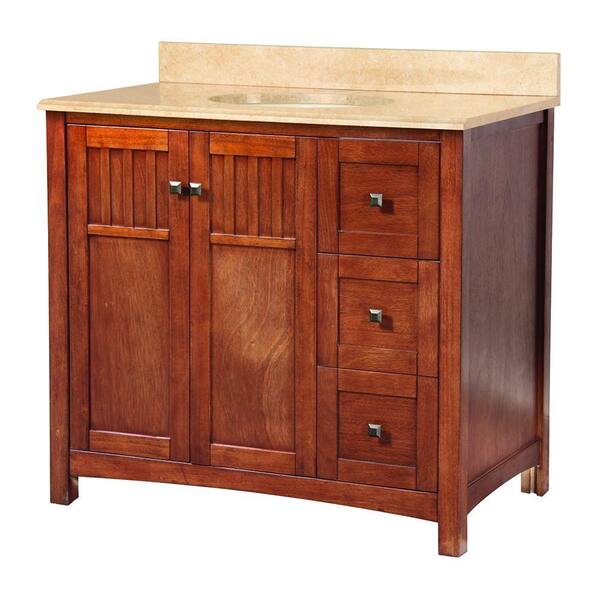 Home Decorators Collection Knoxville 37 in. W x 22 in. D Vanity in Nutmeg and Vanity Top with Stone effects in Oasis