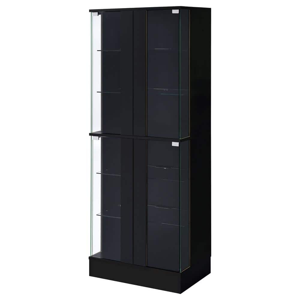Black High Gloss Wood Curio Cabinet with Glass Shelves and LED Lighting