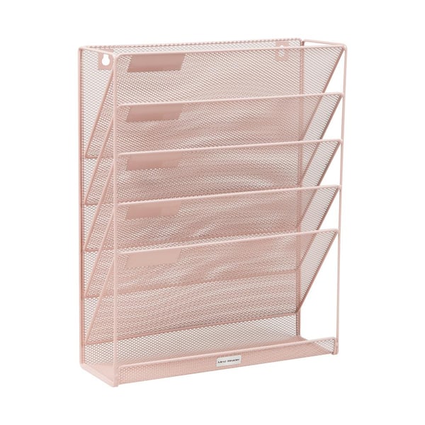 16 in. H x 4 in. W x 12.75 in. D Vertical File Storage Desktop Organizer Angled Wall Mount Metal Pink