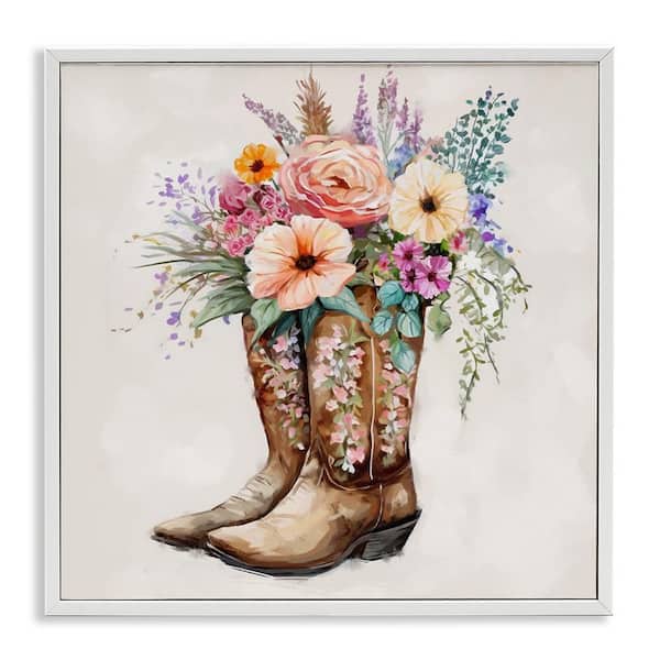 Country Cowboy Boots Bouquet by Ziwei Li White Framed Giclee Art Print Nature 17 in. x 17 in.