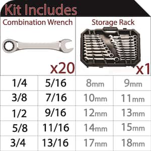 72-Tooth Ratcheting SAE/MM Combination Wrench Set (20-Piece)