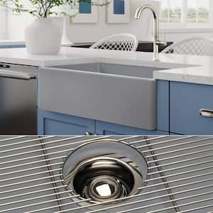 Luxury Matte Gray Solid Fireclay 33 in. Single Bowl Farmhouse Apron Kitchen Sink with Pol. Nickel Accs and Flat Front