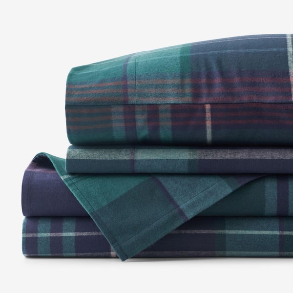 Company Cotton Derek Plaid Velvet Green Flannel King Sheet Set