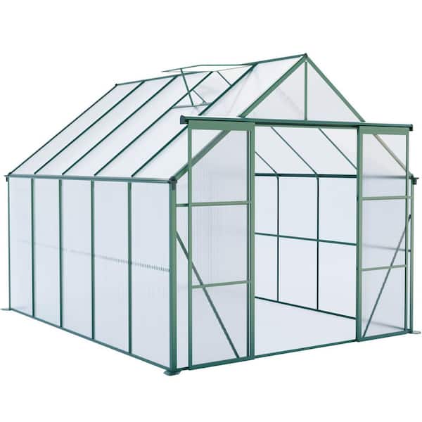 8 ft. W x 10 ft. D x 7 ft. H Polycarbonate Green Greenhouse with Double Door, Raised Base and Anchors, Aluminum Frame