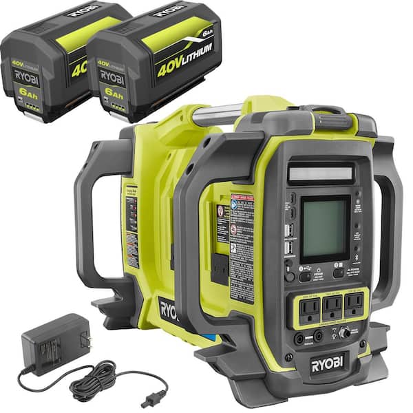 RYOBI 40V 1800-Watt Portable Battery Power Station Inverter Generator and 4-Port Charger with (2) 6.0 Ah Batteries