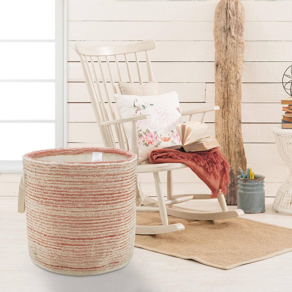 Handmade Coral and White Cotton Round Storage Basket