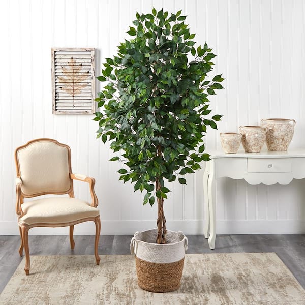 Nearly Natural 6 ft. Green Ficus Artificial Tree with Natural Trunk in Handmade Natural Jute and Cotton Planter